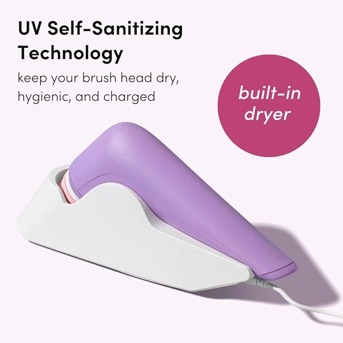 Fancii Facial Cleansing Brush with Self Cleaning Station, Rechargeable & Waterproof - Electric Face Scrubber for Gentle Exfoliation and Deep Scrubbing - 2 Exfoliating Brush Heads, Skylar (Purple)