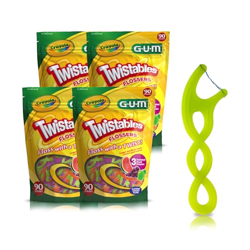 GUM Crayola Twistables Kids Flossers with Fluoride - Designed for Little Hands - Three Fun Fruit Flavors - Easy to Use Kids Floss Picks for Children Ages 3+, 90 Count (Pack of 4)