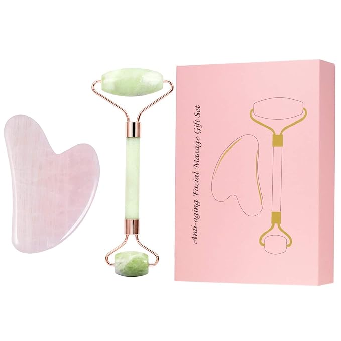Rockcloud Natural Crystal Jade Roller and Gua Sha Scraping Set Massager Tool for Anti Aging Beauty Neck Body Reduce Wrinkles Facial Massager Therapy Xiuyan Jade and Rose Quartz Crystal Stone