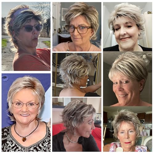 TISHINING Layered Short Blonde Pixie Wigs for White Women Dark Brown Ombre Blonde Pixie Cut Wig with Bangs Synthetic Natural Looking Daily Party Wig