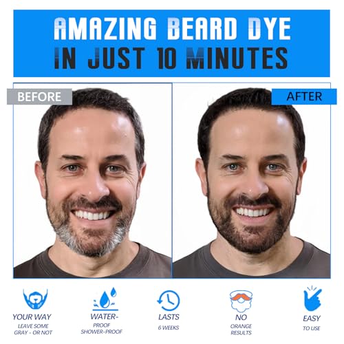 Mens Beard & Mustache Dye Shampoo, Instant 100% Grey Hair Coverage, 3 in 1 Black Beard Color Shampoo for Men Facial Hair, Easy to Use & Dermatologist Tested, 200ML