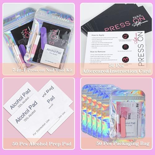 Press On Nail Tool Kit for Nail Business, Nail Prep Application Disposable Kit with Nail File, Nail Glue, Prep Pads, Instruction Card, Adhesive Nail Tabs, Wood Stick, Holographic Bag (50pcs in purple)