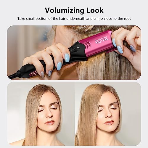 Terviiix Crimper Hair Iron with 4 Interchangeable Plates, Keratin & Argan Oil Infused Hair Crimper for Women, Volumizing Crimping Iron for Thin Fine Hair, 5 Heat Settings & 60 Mins Auto Off, Pink