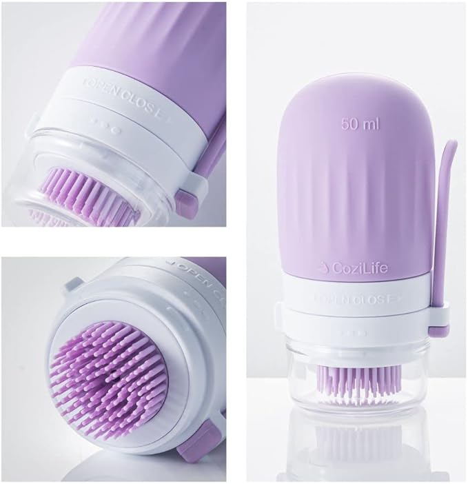 3-in-1 Facial Body Brush Bottle, Exfoliating and Facial-Lifting Scrub Bottle and Acupoint Massage Roller Bottle, 50ml/100ml, Leak Proof Travel Toiletries and Liquid Container (50 ml)