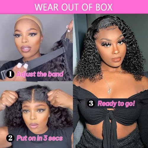 Wear and Go Glueless Wigs Human Hair Pre Plucked Pre Cut Deep Wave Curly Bob Wig Human Hair Lace Front Wigs for Black Women 4x4 Lace Closure Human Hair Bob Wigs Glueless 10 Inch