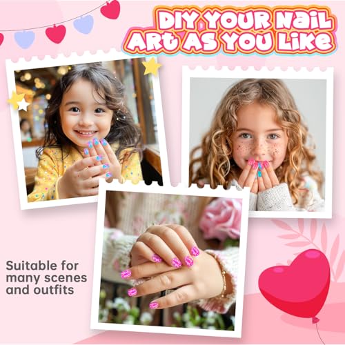 144 Pieces 6 Pack Kids Press on Nails Artificial Fake Nails for Kids Girls Pre Glue Full Cover Short Acrylic False Nail Tips Art Kits Gifts for Girls Nail Art Decoration (Gradient Pattern)