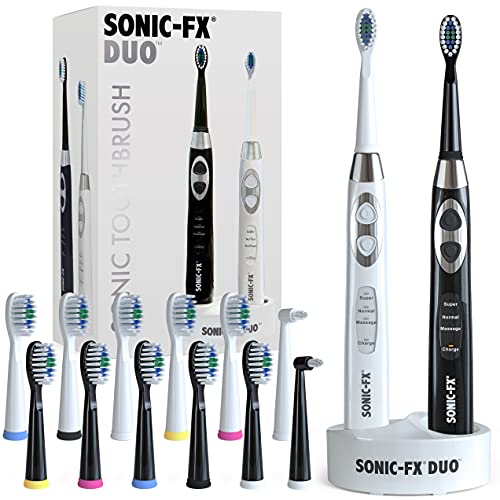 Duo Rechargeable Electric Toothbrush Set - with 14 Brush Heads, 3 Modes, Smart Auto-Timer, Charging Dock Holder - Dual Handle Electric Tooth Brush for Adults & Kids, Black and White