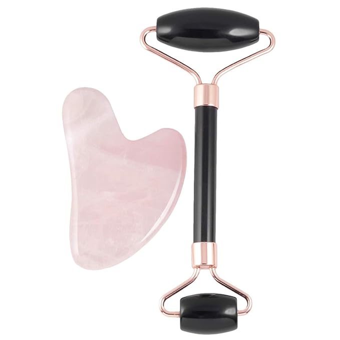 Rockcloud Natural Crystal Jade Roller and Gua Sha Scraping Set Massager Tool for Anti Aging Beauty Neck Body Reduce Wrinkles Facial Massager Therapy Black Obisidian and Rose Quartz Crystal Stone