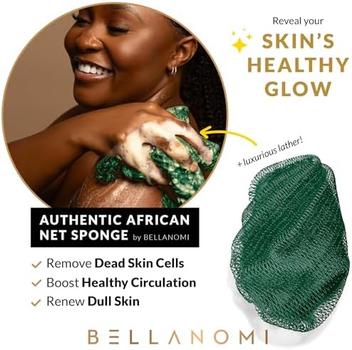 4 Piece African Exfoliating Net Sponge Long African Bath Sponge, Authentic Ethically Sourced from Nigeria, Great for Daily Use (Copper Brown, Orange, Green, Yellow)