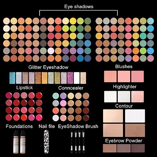 M 187 Colors Professional Makeup Palette - All-in-One Kit With Eye Shadows, Lipsticks, Mascara, Foundations, Blushes, Brow Pencils, Nail File - Makeup Gift Set for Women and Girls