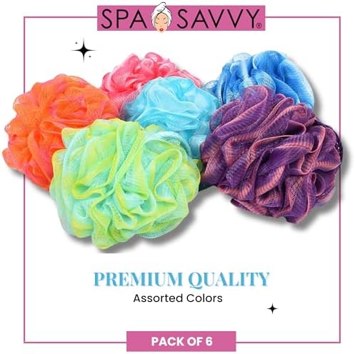Bath Loofah Set, Pack of 6 Shower Body Sponges with Suction Cups for Men and Women, Exfoliating Pouf Bath Accessories, Multicolor