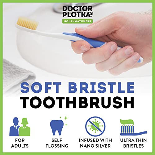 MOUTHWATCHERS Soft Flossing Toothbrushes for Adults, Value 6 Pack, Ultra Clean Manual Toothbrush Set for Sensitive Teeth & Gums, by Dr. Plotka, Assorted Colors