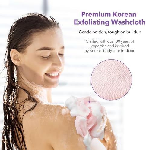 Korean Exfoliating Washcloths [4 Pack] – Daily Body Scrubber Towels for Shower, Back & Full-Body Use – Quick-Drying Bath Cloth for Glowing Skin