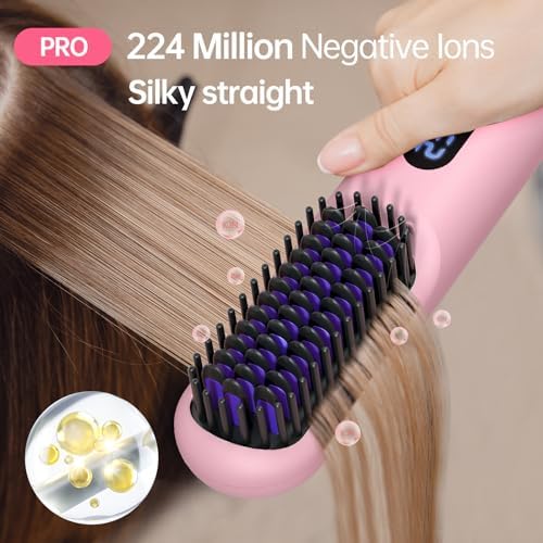Cordless Hair Straightener Brush-Portable Straightening Comb, 9600mAh Batt, Plasma Tech, 9 Temp-Settings & LED Display, for Travel & Home(Pink)