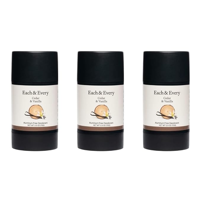Each & Every All Natural Deodorant for Women & Men - Sensitive Skin, Plant-Based, Baking Soda & Aluminum-Free Deodorant - Long Lasting 24 Hr Odor Control - Cedar & Vanilla Travel Size (3 Pack, 2.5oz)