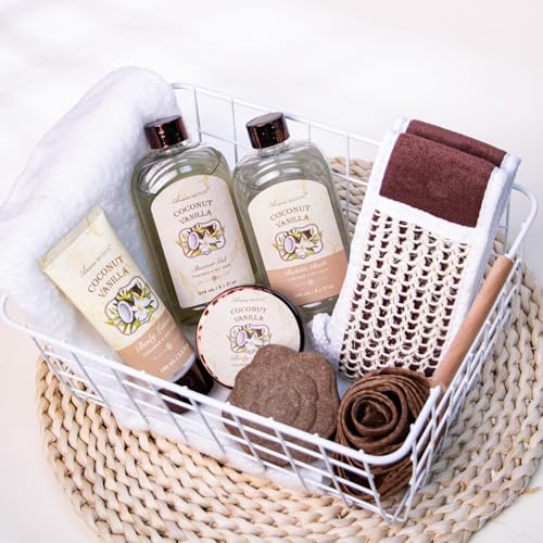 Spa Gift Baskets - Coconut Vanilla Bath Gift Set for Women, Luxury Relaxing Spa Kit with Bath Bombs, Body Lotion and Body Scrub, Birthday Gifts for Women, Christmas Spa Gifts for Mom