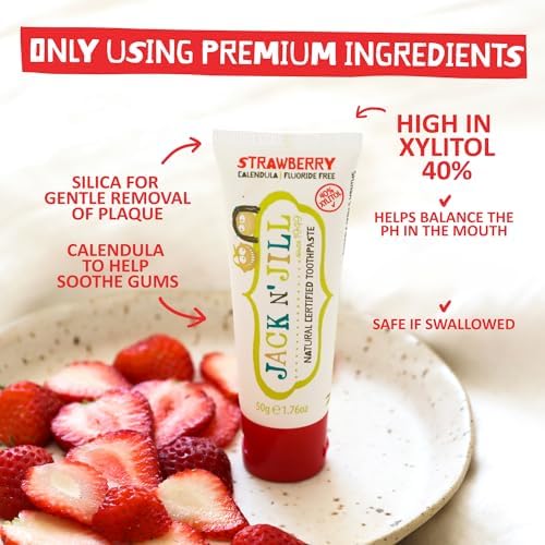 Jack N' Jill Natural Toothpaste for Baby and Infants - Fluoride Free Training Toothpaste, 40% Xylitol, BPA Free - Strawberry, 1.76 oz (Pack of 2)