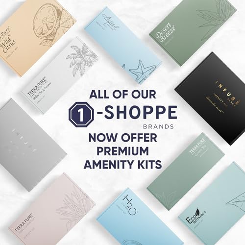 Terra Pure White Tea & Coconut Amenity & Accessory Kit |1oz Travel Size Shampoo, Conditioner, Lotion, Body Wash, 2 Cleansing Bars, Shave & Dental Sets, Make-Up Remover Wipes, & Vanity Kit | 60 Boxes