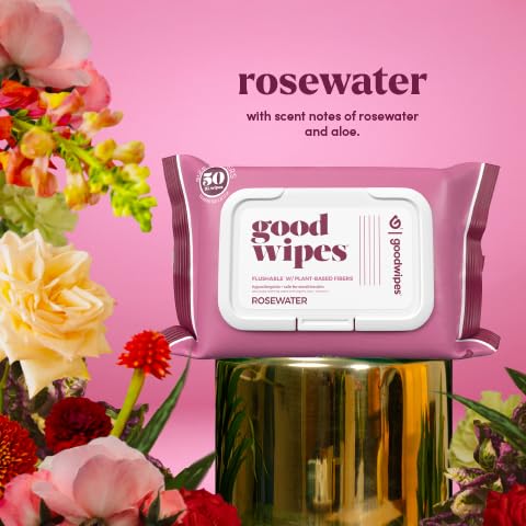 goodwipes Flushable Butt Wipes - Extra Large Adult Wet Wipes For Women & Men - Bathroom Essentials - Sewer & Septic Safe - Rosewater, 153 Count (3 Packs + 3 Individually Wrapped)