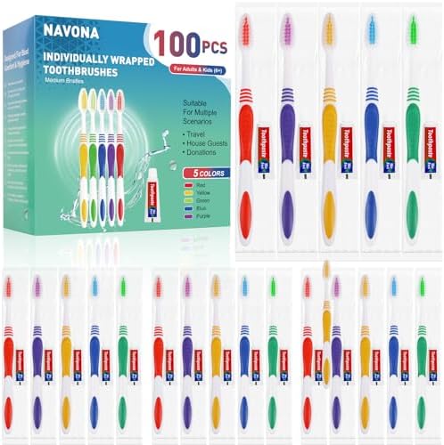 Navona 100 PCS Disposable Toothbrush with Toothpaste Bulk, Travel Toothpaste, Bulk Toothpastes, Individually Wrapped Bulk Toothbrush, Ergonomics Handle,Medium Soft Bristle, Perfect for Travel, Hotel