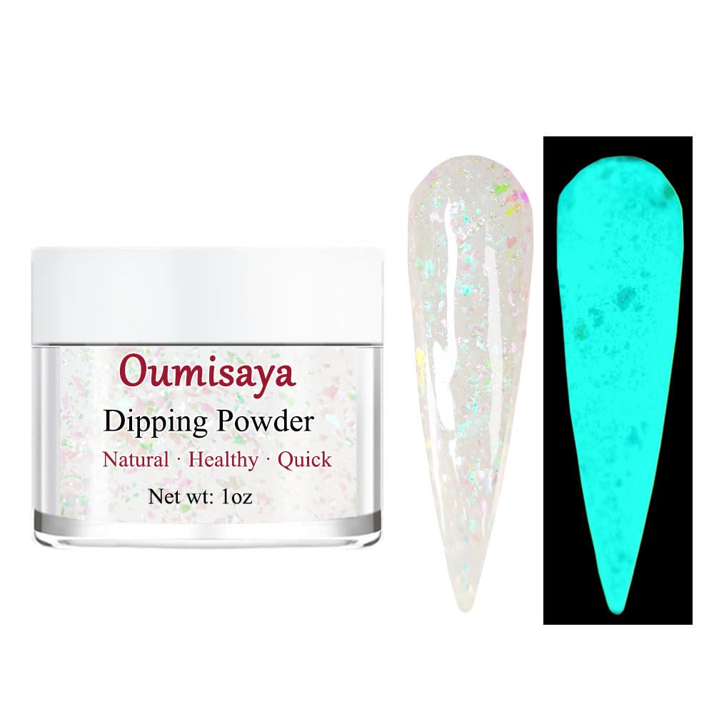 OUMISAYA Glow in the dark Holographic Nail Clear Dip Powder Colors 1OZ Pefect Top Coat Powder with opal foils for black nails art