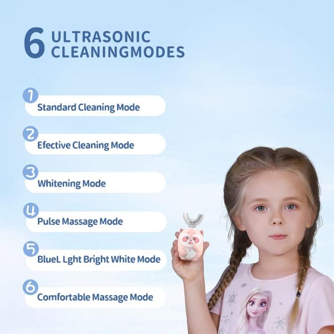 Kids Electric U Shaped Toothbrush Children Rechargeable Sonic Toothbrush with 4 Brush Heads Full Mouth 6 Cleaning Modes - (Age 2-7, Pink)