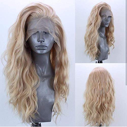 ELESTY Long Natural Curly Glueless Lace Front Wig Gloden Blonde Synthetic Lace Front Wigs for Women Left Part Glueless Heat Resistant Fiber Hair Daily Party Wig …