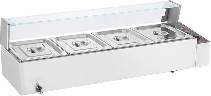 VEVOR 4-Pan Commercial Food Warmer, 4 x 12QT Electric Steam Table with Glass Cover, 1500W Countertop Stainless Steel Buffet Bain Marie 86-185°F Temp Control for Catering, Restaurants, Silver