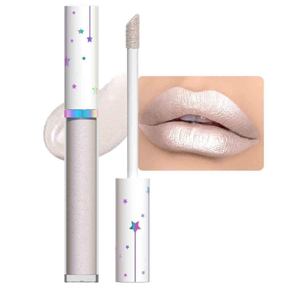 evpct 1Pcs White Silver Metallic Shimmer Glitter iridescent Liquid Lipstick for Women Long Lasting Waterproof 24, Glitter Pearlescent Metallic Sparkly Liquid Lipsticks Lip Gloss Stains Makeup Set 11