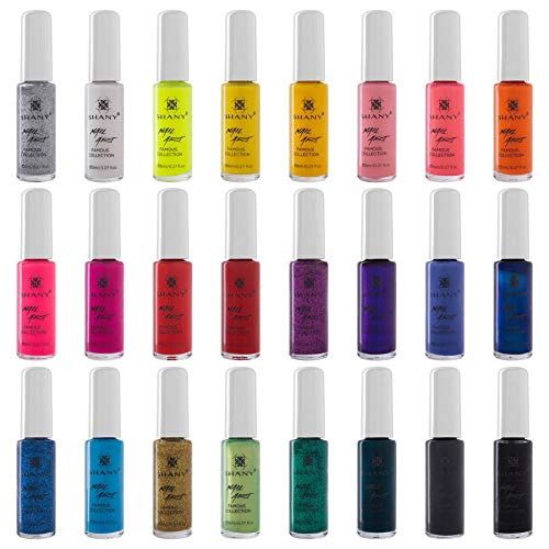 SHANY Nail Art Set Nail Polish - Glitter, Metallic, Pearls, Neon and Matte Nail Polish Nail Art Drawing Decoration Set With Built-in Thin Nail Art Brush - 24 Famous Colors Nail Polish Bulk