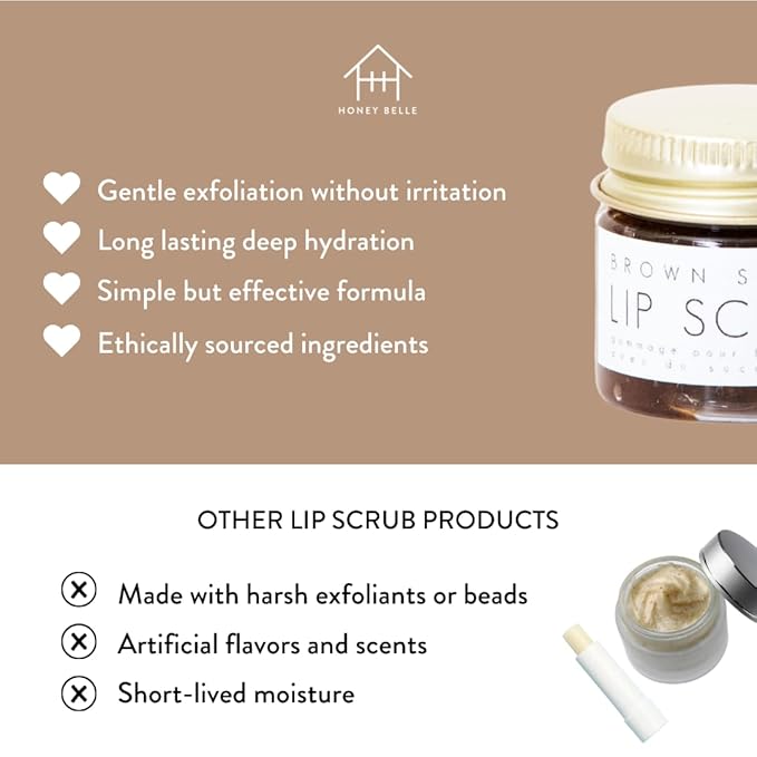 Brown Sugar Lip Scrub - Gentle Exfoliating Natural Lip Exfoliator - Hydrating, Nourishing, Repair Treatment for Chapped, Dry, Peeling Skin for Soft Lips