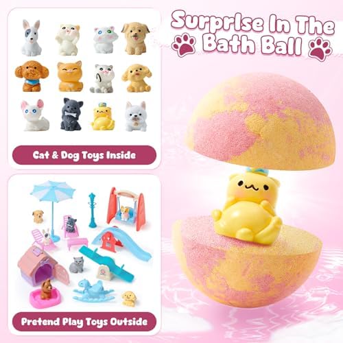 Bath Bombs for Kids with Surprise Inside for Girls Boys, 12 Pack Kids Bath Bombs with Dog & Cat Toys Pretend Playset Handmade Bubble Bath Fizzies Birthday Christmas Gift Set