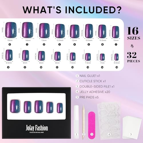 Press on Nails Short, Jofay Fashion Fake Nails, Two-color Ombre Cat Eye Press on Nails, Summer Acrylic False Nails, Reusable Stick on Nails for Women Girls, Glue on Nails Kit 32 Pcs, Amethyst Aurora