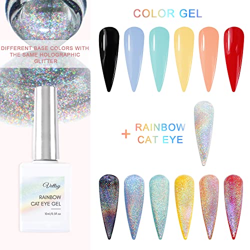 Vettsy Universal Rainbow Cat Eye Gel Nail Polish, Soak off Holographic Laser Cat Eye Gel Nail Polish Galaxy Chameleon Magnetic Gel with Magnetic Stick for Salon Designs and DIY Manicure Art 15ML