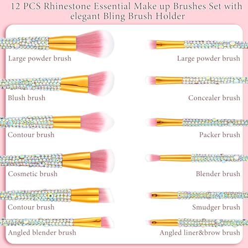 13 Pieces Rhinestone Makeup Brushes Set Bling Crystal Professional Face Cosmetics Blending Liquid Foundation Powder Concealer Eye Shadows Make up Beauty Tool Glitter with Holder (Silver)
