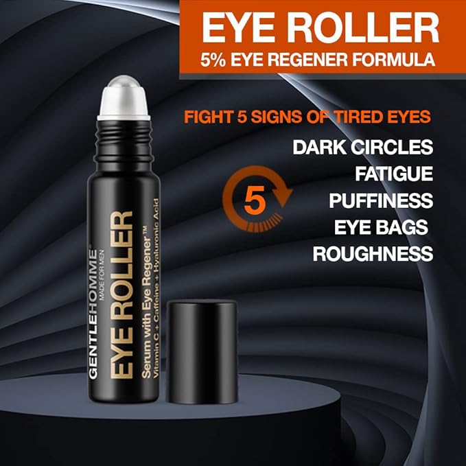 Hyaluronic Acid & Caffeine Eye Roller Serum for Men with Vitamin C – Made in USA – Eye Roller Ball for Dark Circles & Puffiness – Mens Day & Night Anti-Aging Under Eye Serum Roller – 10ml - 2 Pack
