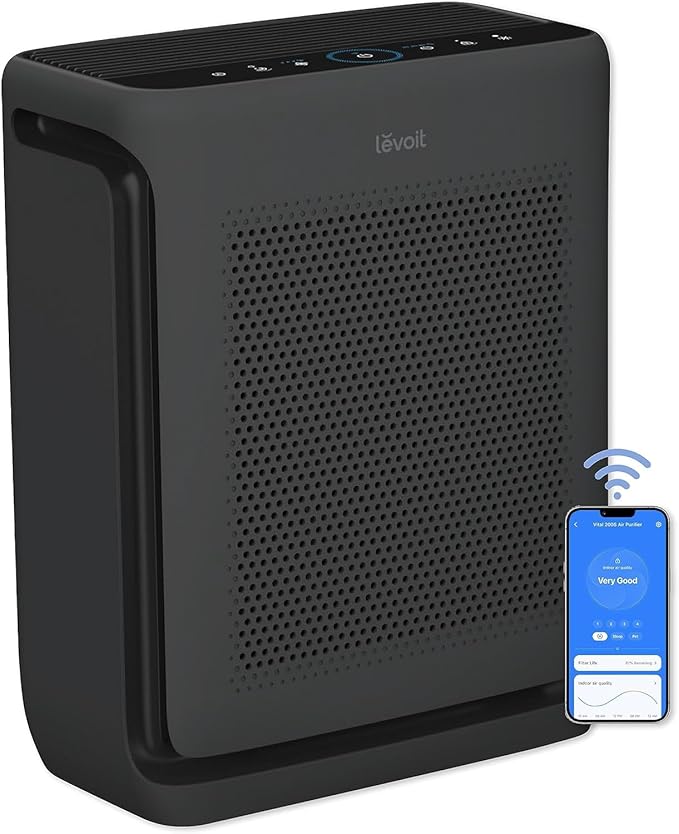 LEVOIT Air Purifiers for Home Large Room Up to 1878 Ft² with Washable Pre-Filter, AHAM VERIFIDE, Air Quality Monitor, HEPA Sleep Mode for Allergies, Pet Hair in Bedroom, Vital 200S-P, Black