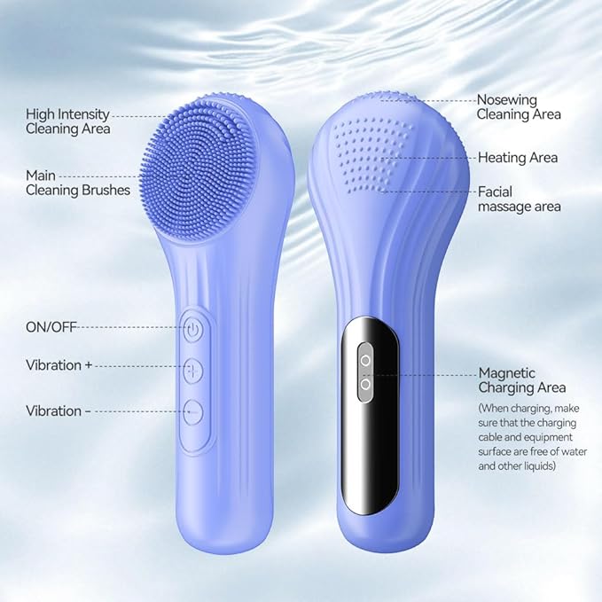 Facial Cleansing Brush, Silicone Face Scrubber with Heat and Vibration 5 Speeds, Waterproof Rechargeable Electric Face Scrub Brush for Men & Women, Deep Cleansing, Exfoliating and Massage (Blue)
