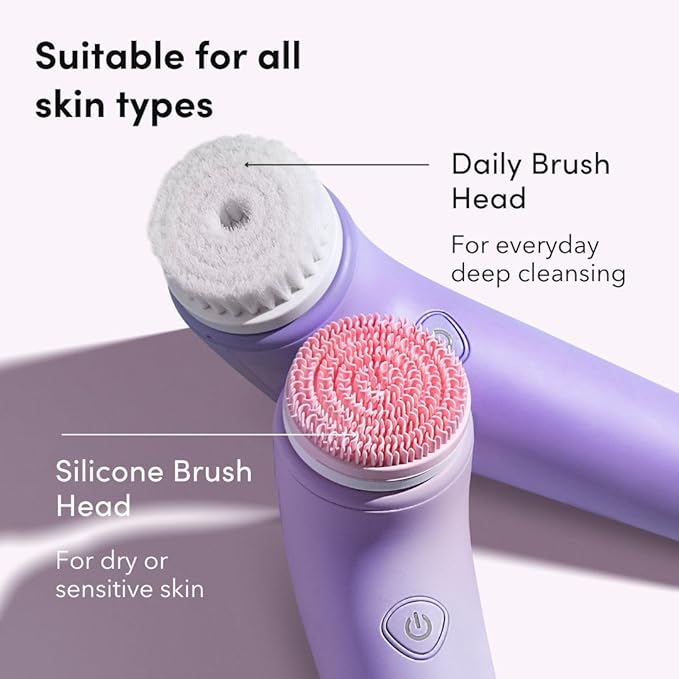 Fancii Facial Cleansing Brush with Self Cleaning Station, Rechargeable & Waterproof - Electric Face Scrubber for Gentle Exfoliation and Deep Scrubbing - 2 Exfoliating Brush Heads, Skylar (Purple)