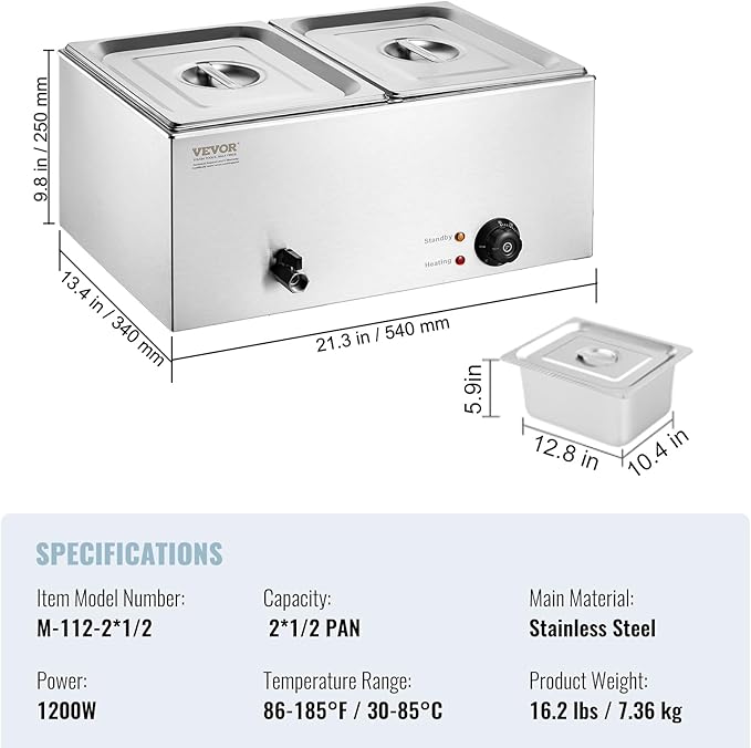 VEVOR 110V 2-Pan Commercial Food Warmer 1200W Electric Steam Table 15cm/6inch Deep Stainless Steel Bain Marie 24 Quart for Buffet Catering, Silver