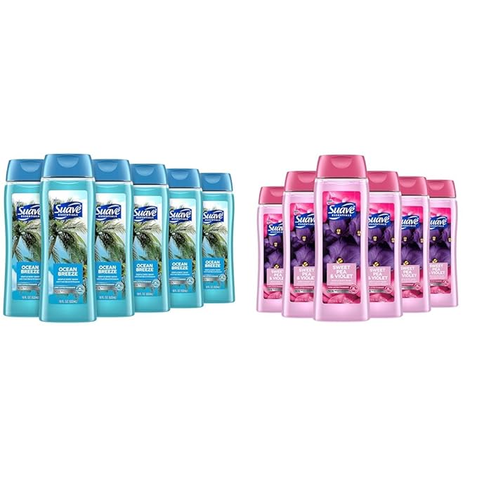 Suave Body Wash Bundle with Ocean Breeze and Sweet Pea Violet Scents, Vitamin E, 18 Oz Packs of 6