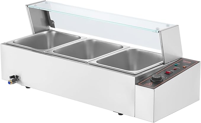 VEVOR 3-Pan Commercial Food Warmer, 3 x 8QT Electric Steam Table with Glass Cover, 1500W Countertop Stainless Steel Buffet Bain Marie 86-185°F Temp Control for Catering, Restaurants, Silver
