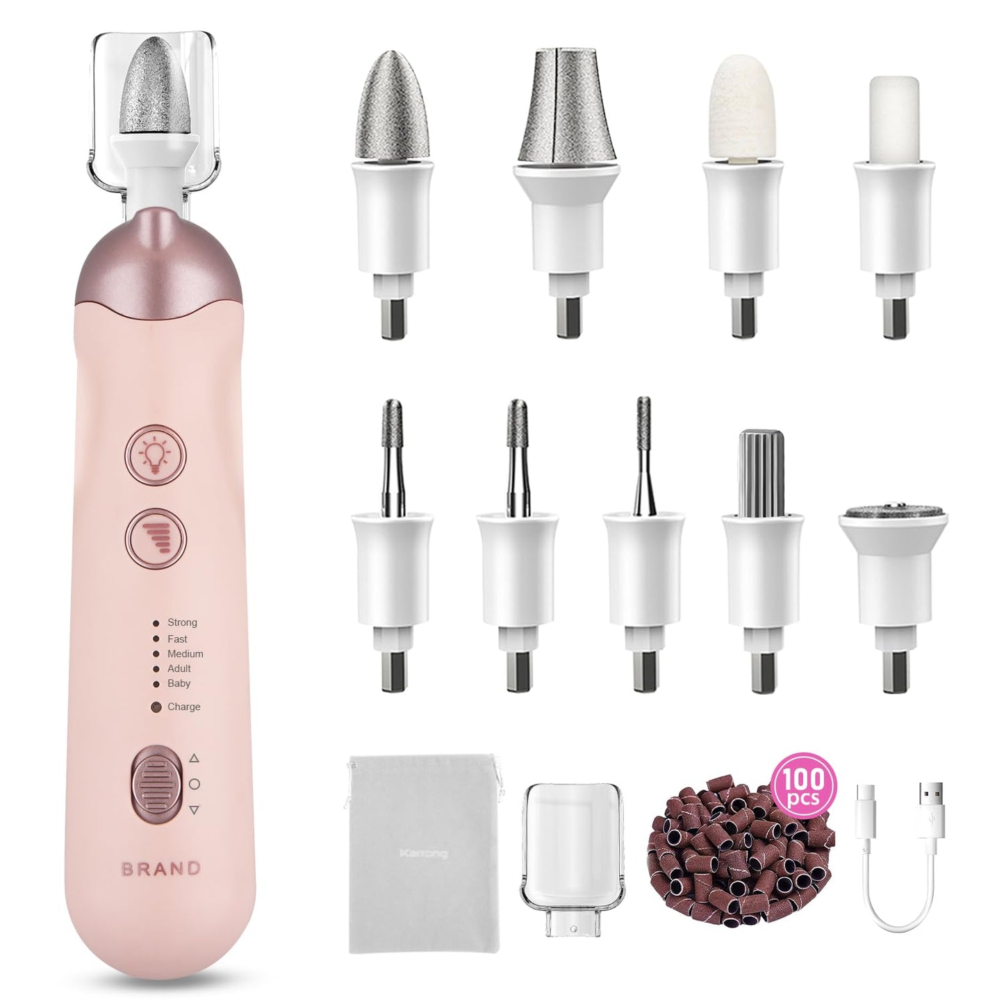 Professional Manicure Pedicure Kit, 9 in 1 Cordless Electric Nail Drill with 100 pcs Nail Drill Bits Sanding Bands, Nail Grinder for Human, 5 Speeds, Nail Dremel Kit for Home and Salon Use