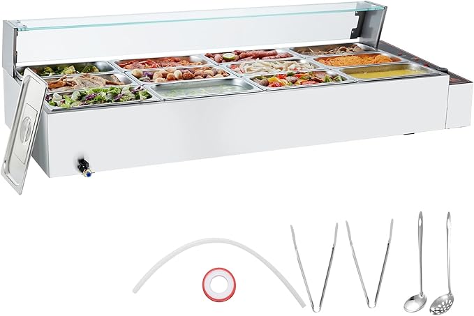 VEVOR 12-Pan Commercial Food Warmer, 12 x 8QT Electric Steam Table with Glass Cover, 1700W Countertop Stainless Steel Buffet Bain Marie 86-185°F Temp Control for Catering, Restaurants, Silver