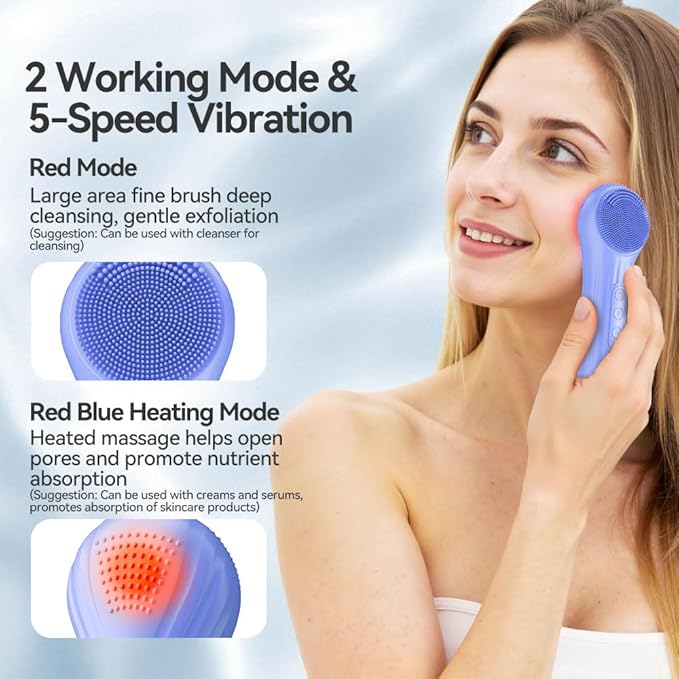 Facial Cleansing Brush, Silicone Face Scrubber with Heat and Vibration 5 Speeds, Waterproof Rechargeable Electric Face Scrub Brush for Men & Women, Deep Cleansing, Exfoliating and Massage (Blue)