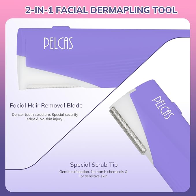 PELCAS Electric Dermaplaning Tool with LED Light, Mini Face Dermaplaning Razor, Painless 3 Speeds Facial Peach Fuzz, Exfoliation & Hair Removal System for Women At Home with 6 Blades BV18-712 Purple