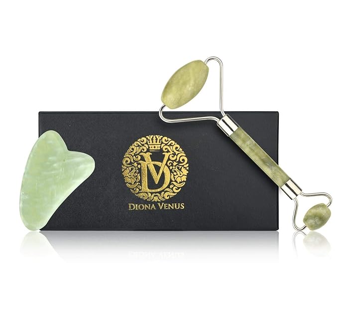 Jade Roller & Gua Sha Scraping Massage Tool By Diona Venus - Natural Jade Stone Set Anti-aging 100% Beauty Roller For Revitalizing & Reawakening Skin