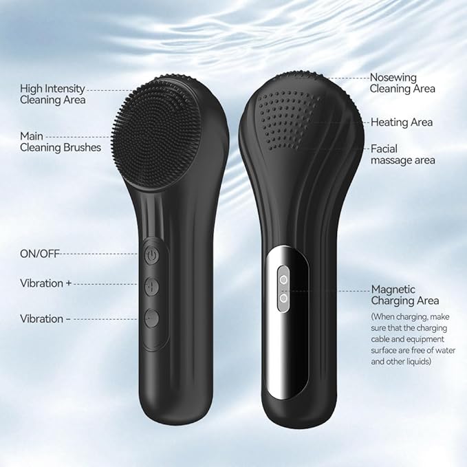 Facial Cleansing Brush, Silicone Face Scrubber with Heat and Vibration 5 Speeds, Waterproof Rechargeable Electric Face Scrub Brush for Men & Women, Deep Cleansing, Exfoliating and Massage (Black)
