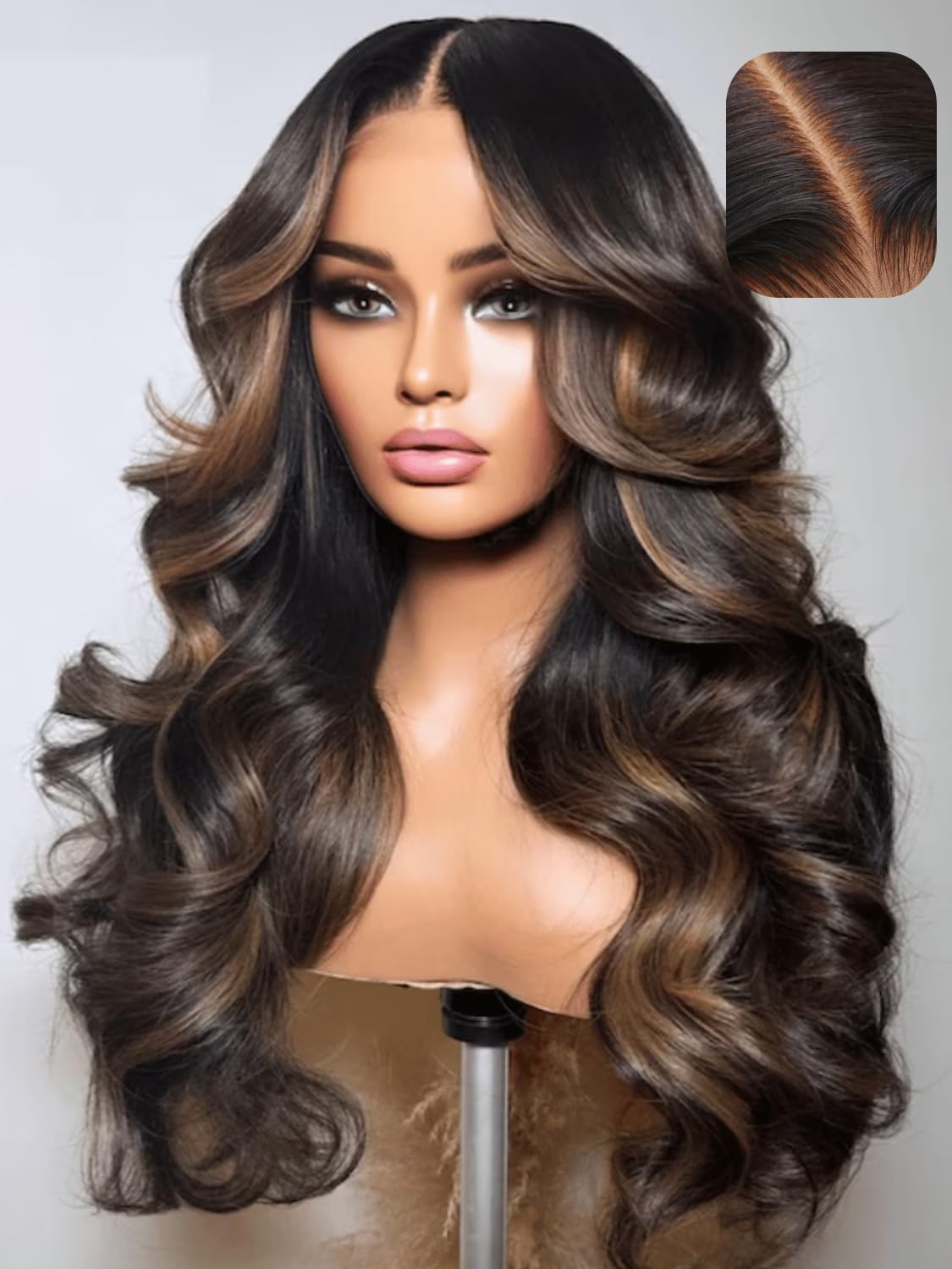 UNICE Bye Bye Knots Glueless Wig 7x5 Pre Cut Lace Front Wig Espresso Brown with Highlights Loose Wave Human Hair Put on and Go Wig Pre Plucked Bleached Invisible Knots 180% Density 16 Inch