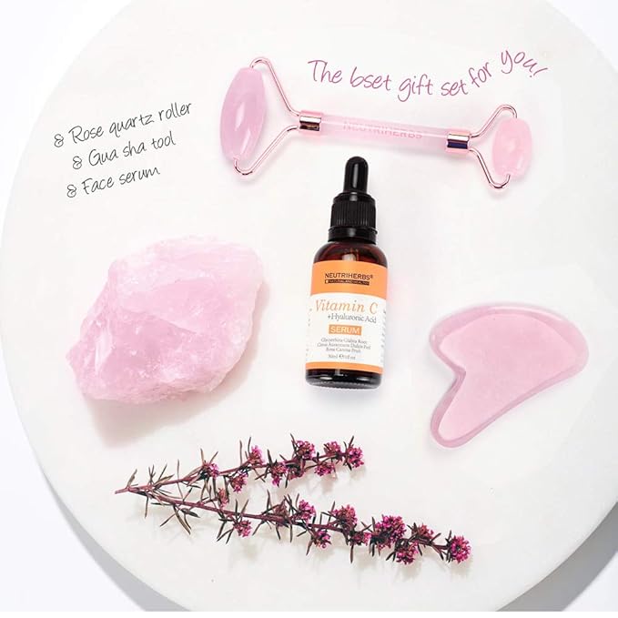 Neutriherbs Jade Gua Sha & Face Roller & Vitamin C Serum Facial Tool Set(3 in 1 Kit), Home Face Massager for Wrinkle,Fine Line,Puffiness,Firm Smooth Relax Skin - Pink